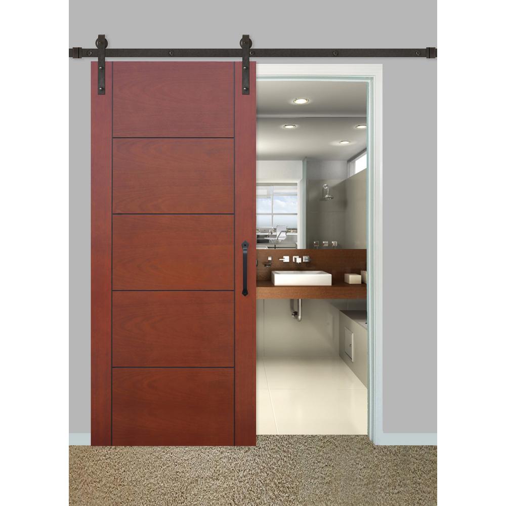 36 in. x 84 in. Contemporary Prefinished 5-Panel Flush Mahogany Wood Sliding Barn Door with Bronze Hardware Kit - Super Arbor