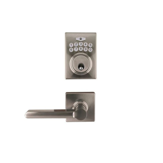 Square Satin Nickel Electronic Keypad Single Cylinder Deadbolt with Tonbridge Hall and Closet Door Lever Combo Pack