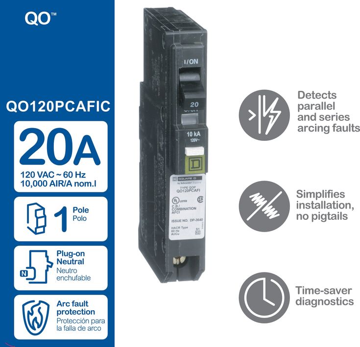 Square D QO 20-Amp 1-Pole Combination Arc Fault Circuit Breaker
