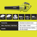 RYOBI Reconditioned 110 MPH 500 CFM 40-Volt Lithium-Ion Cordless Variable-Speed Jet Fan Leaf Blower, 4.0Ah Battery and Charger