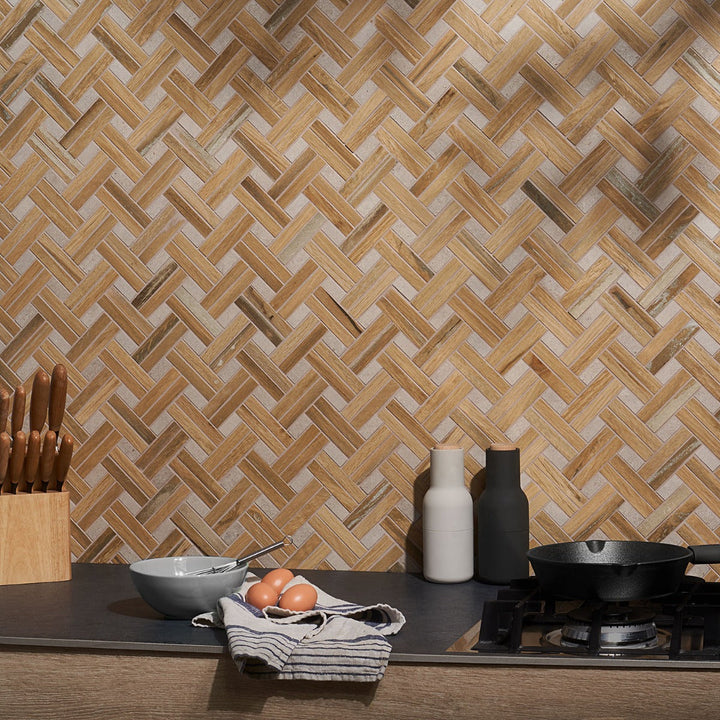 Eternal Birch Brown Basketweave Herringbone Matte Porcelain Mosaic Tile