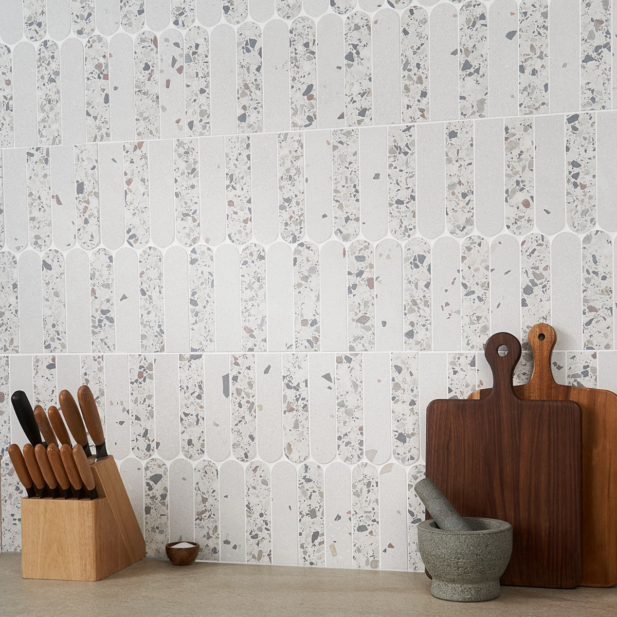 Kobe Fin Ice White Terrazzo Look Matte Porcelain Mosaic Tile