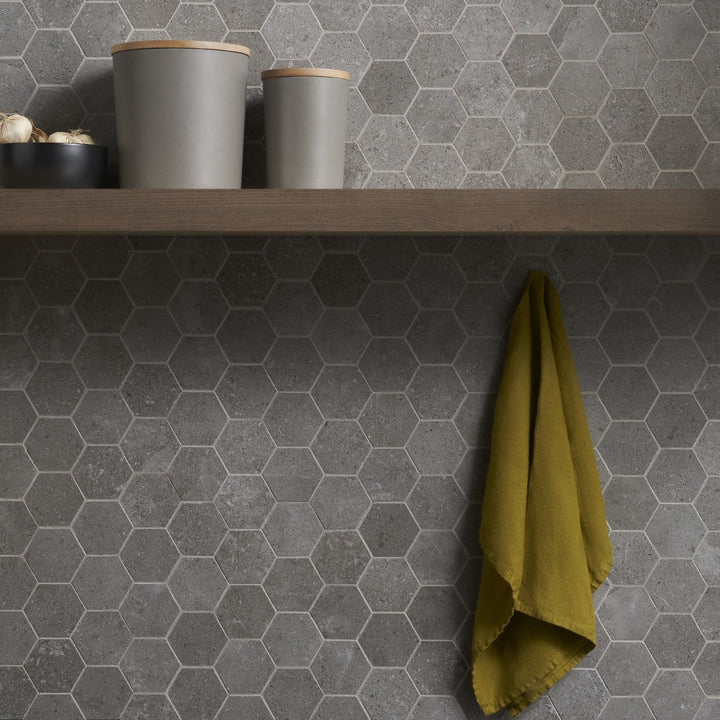 Lux Tile New Rock Fossil Dark Gray 3" Hexagon Matte Porcelain Mosaic Tile