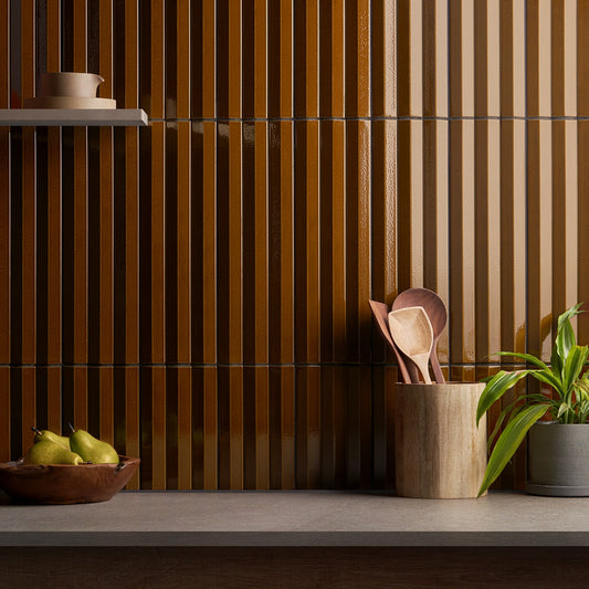 Lux Tile Ponto Ochre Yellow Fluted 5x16 3D Polished Porcelain Wall Tile