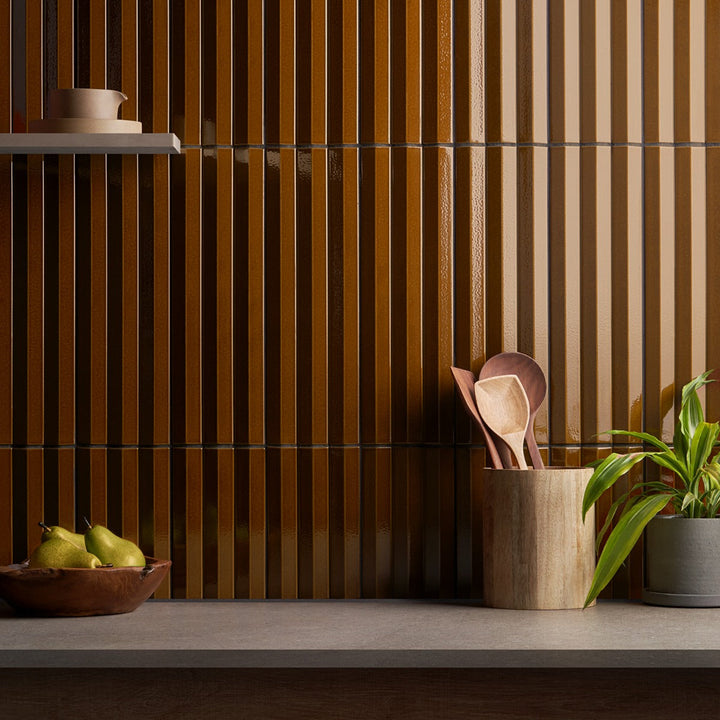 Lux Tile Ponto Ochre Yellow Fluted 5x16 3D Polished Porcelain Wall Tile