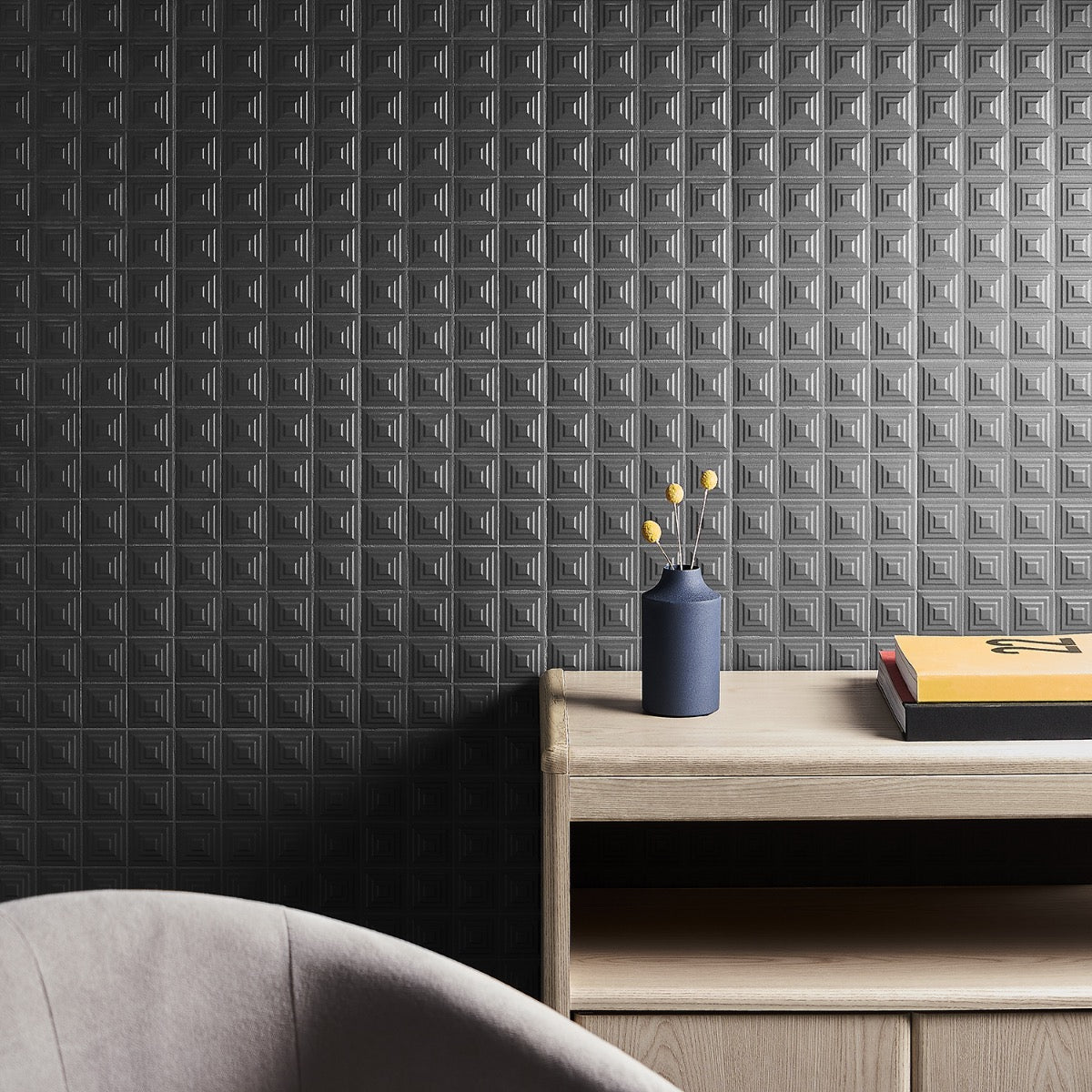 Kinzie Pyramid Charcoal Black 8x16 3D Matte Ceramic Tile by Lux Tile