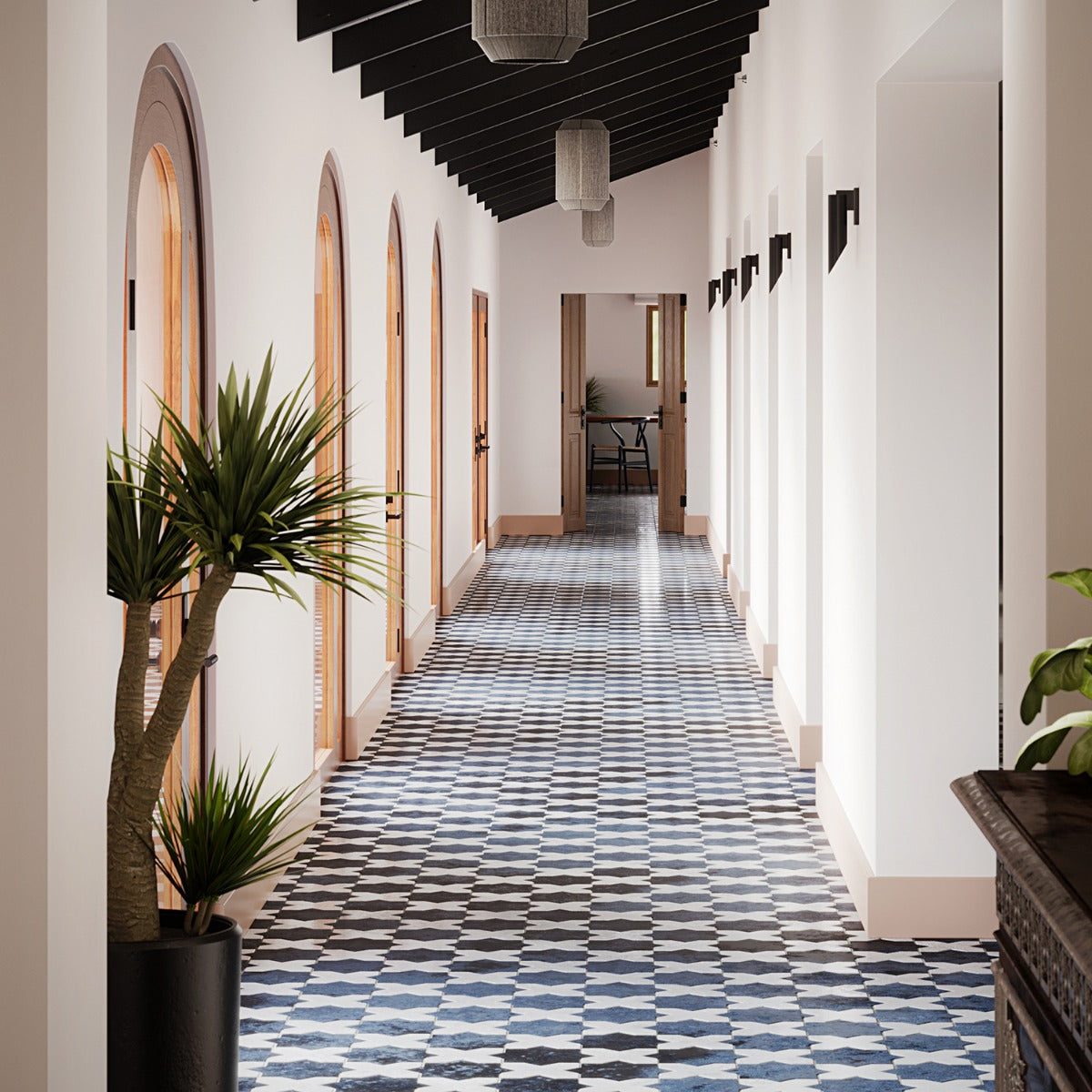 Parma Denim Blue Matte Star and White Polished Cross 6" Terracotta Look Porcelain Tile