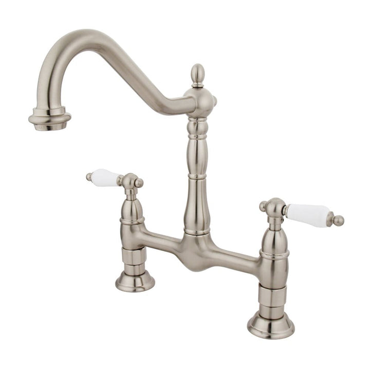 Elements of Design Brushed Nickel 2-Handle Deck-Mount Bridge Kitchen Faucet with Porcelain Levers, 8-in Centers, 1.8 GPM