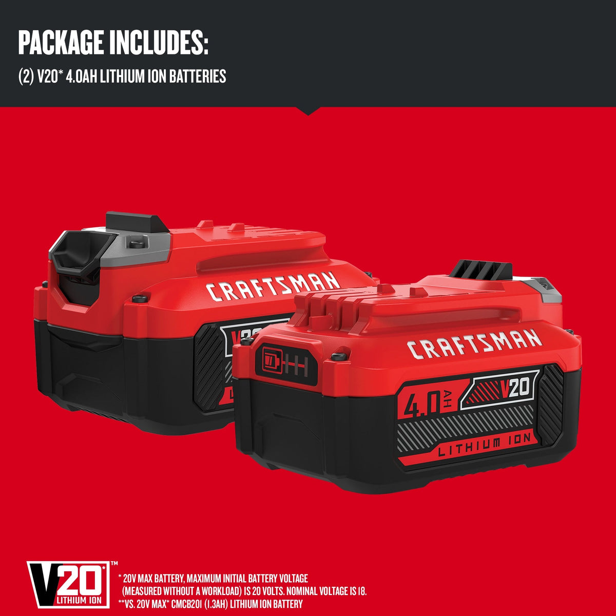 CRAFTSMAN V20 20-Volt Max Lithium-Ion Battery Pack, 4.0Ah, 2-Pack (CMCB204-2)