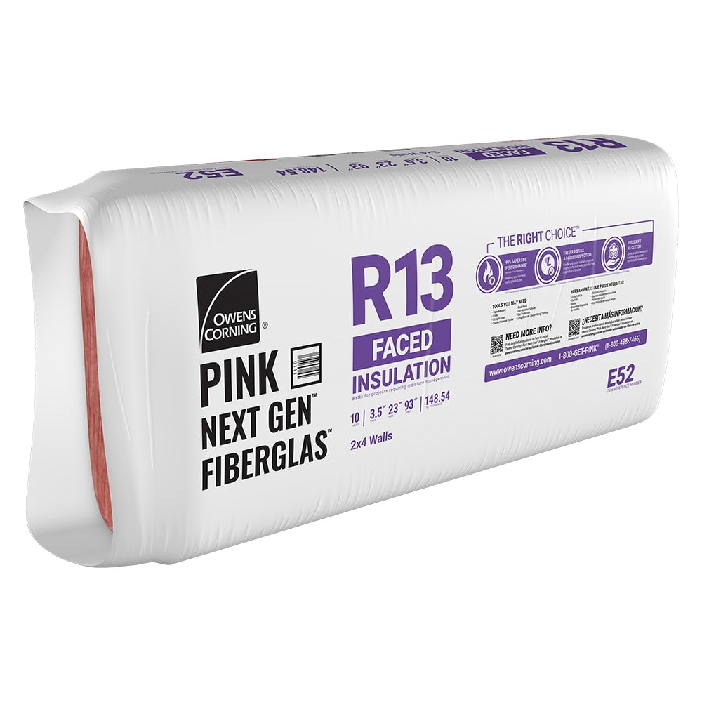Owens Corning EcoTouch R-13 Kraft Faced Fiberglass Insulation Batts, 23 in. W x 93 in. L, 148.54 sq. ft. Coverage