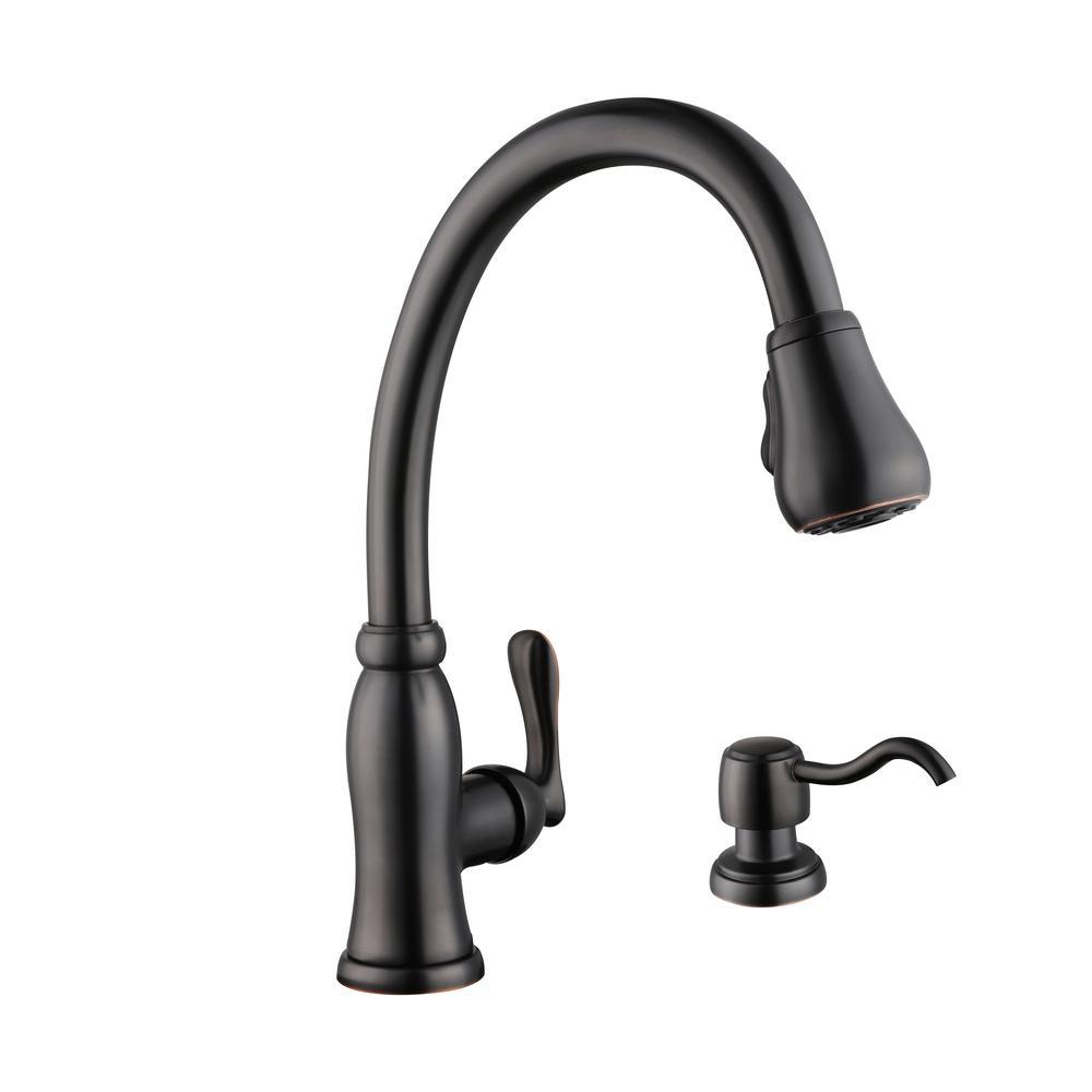 Pavilion Single-Handle Pull-Down Kitchen Faucet with TurboSpray and FastMount and Soap Dispenser in Bronze - Super Arbor