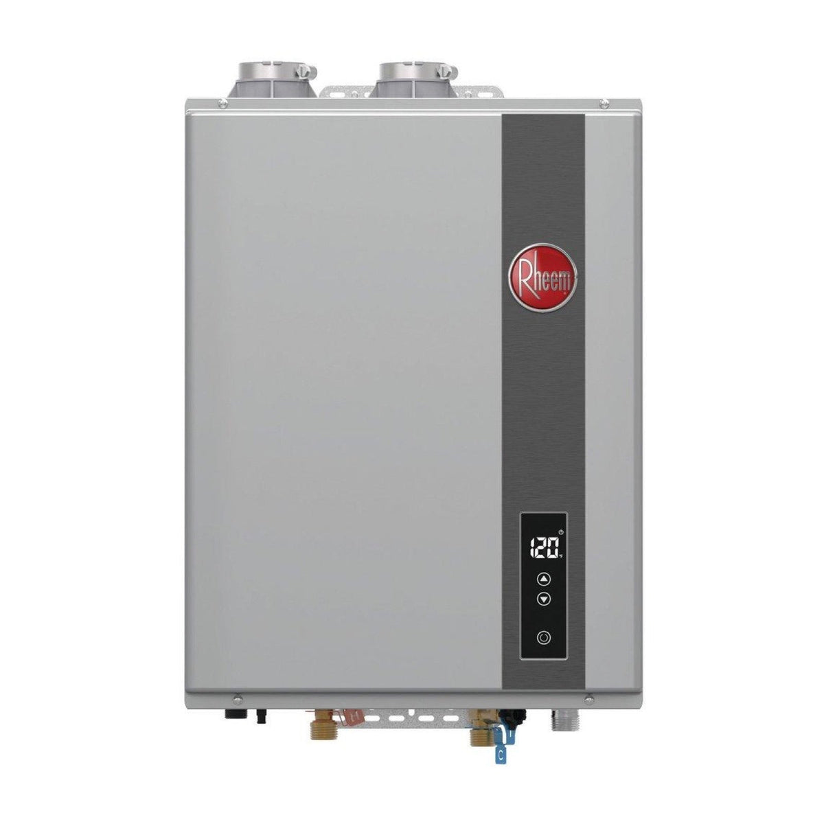 Rheem RRTGH68DVLN3701169 120 MBH Indoor Condensing Natural Gas Tankless Water Heater shown centered on a square white background