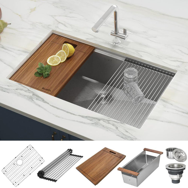 32 in. Single Bowl Workstation Tight Radius Undermount 16-Gauge Stainless Steel Kitchen Sink with Sliding Accessories - Super Arbor