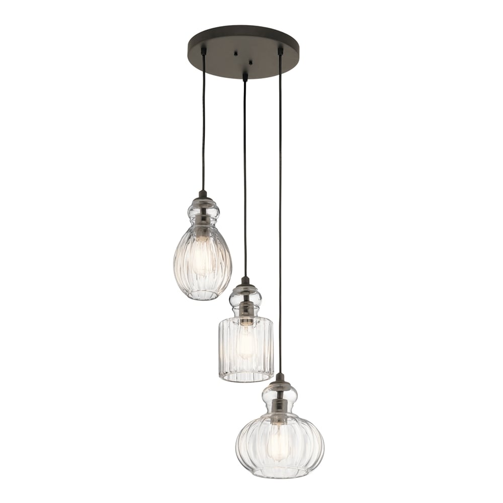Kichler Riviera 3-Light Olde Bronze Transitional Ribbed Glass Tiered Medium Hanging Pendant Light