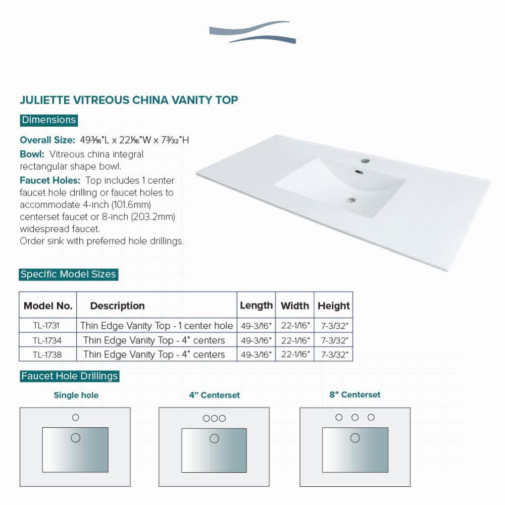 Transolid Juliette 49 in. W x 22 in. D Vitreous China Vanity Top in White, Single Sink, 4-in Centerset