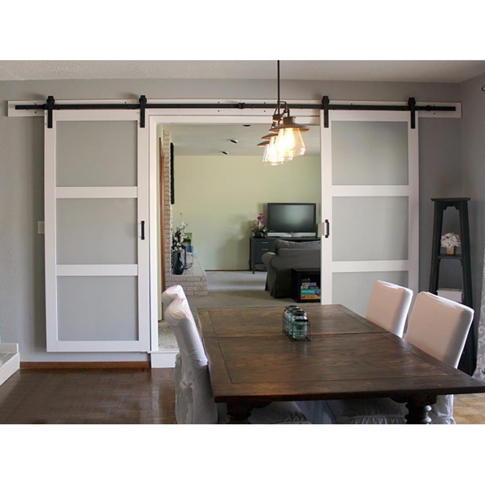 60 in. Frosted Black Sliding Barn Door Hardware Track Kit for Double Doors with Non-Routed Floor Guide - Super Arbor