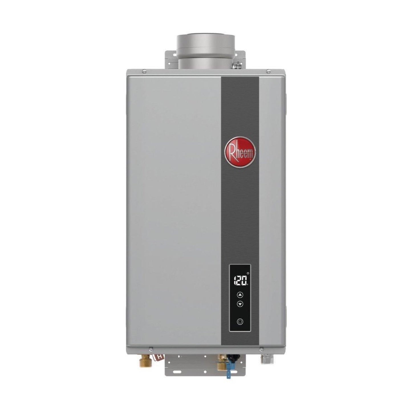 Rheem RRTG70DVLN3701244 160 MBH Indoor Non-Condensing Natural Gas Tankless Water Heater shown centered on a square white background