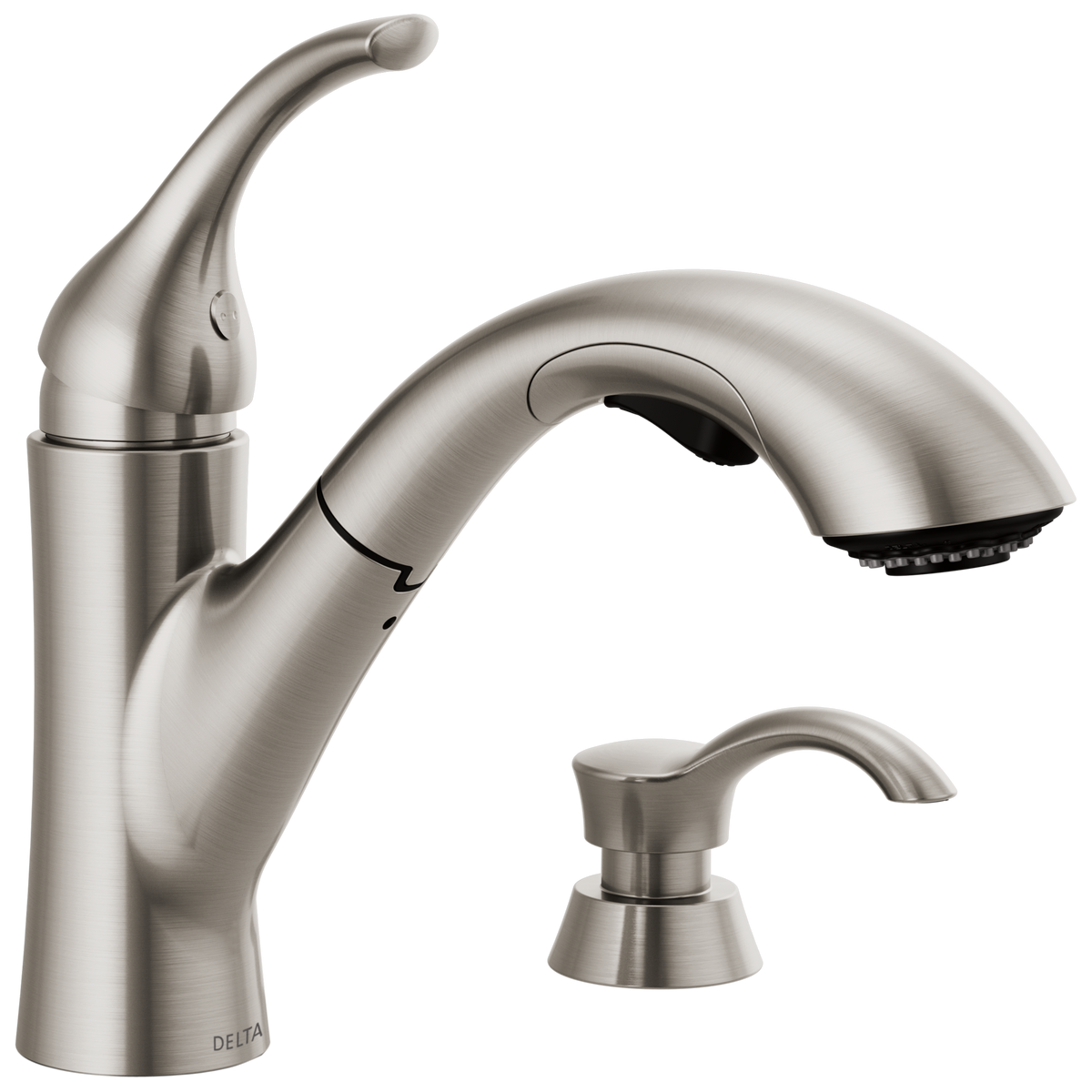 Delta Kessler Stainless 1-Handle Deck-Mount Pull-Out Kitchen Faucet with Soap Dispenser and Deck Plate