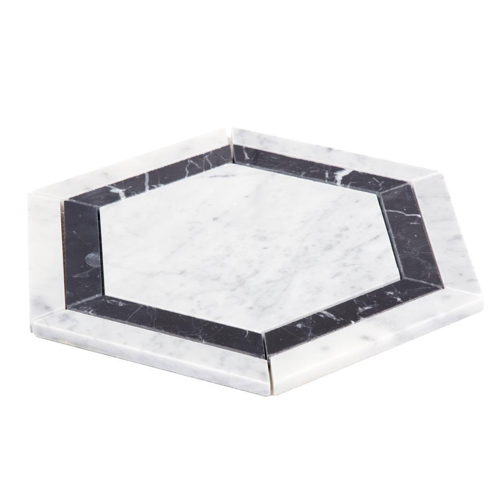 Satori 8-in x 8-in Polished Natural Marble Hexagon Floor and Wall Tile, Bianco Carrara White/Nero Marquina (4.8-sq ft/Carton)