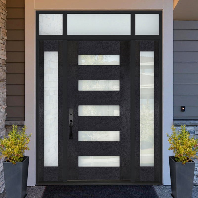 Steves & Sons Regency Modern Customizable Fiberglass Door Collection – Prehung Single with Two Sidelites & Transom