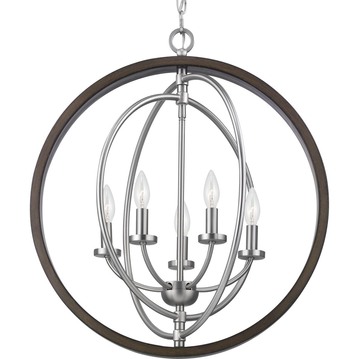 Progress Lighting Fairwood 5-Light Teak Wood and Satin Nickel Transitional Globe Medium Hanging Pendant Light