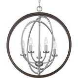 Progress Lighting Fairwood 5-Light Teak Wood and Satin Nickel Transitional Globe Medium Hanging Pendant Light