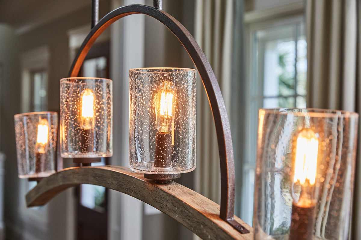 Quoizel Arley 4-Light Rustic Black and Faux Weathered Wood Farmhouse Chandelier, 32-in Linear
