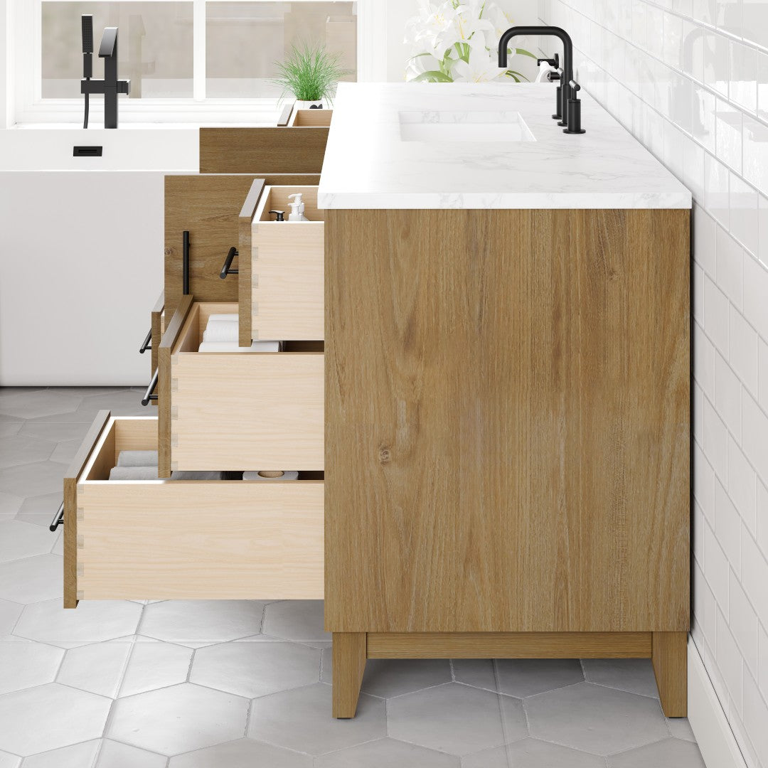Eviva Graham 60"W x 22"D Oak Bathroom Vanity with White Arabescato Engineered Stone Countertop and Undermount Ceramic Sink