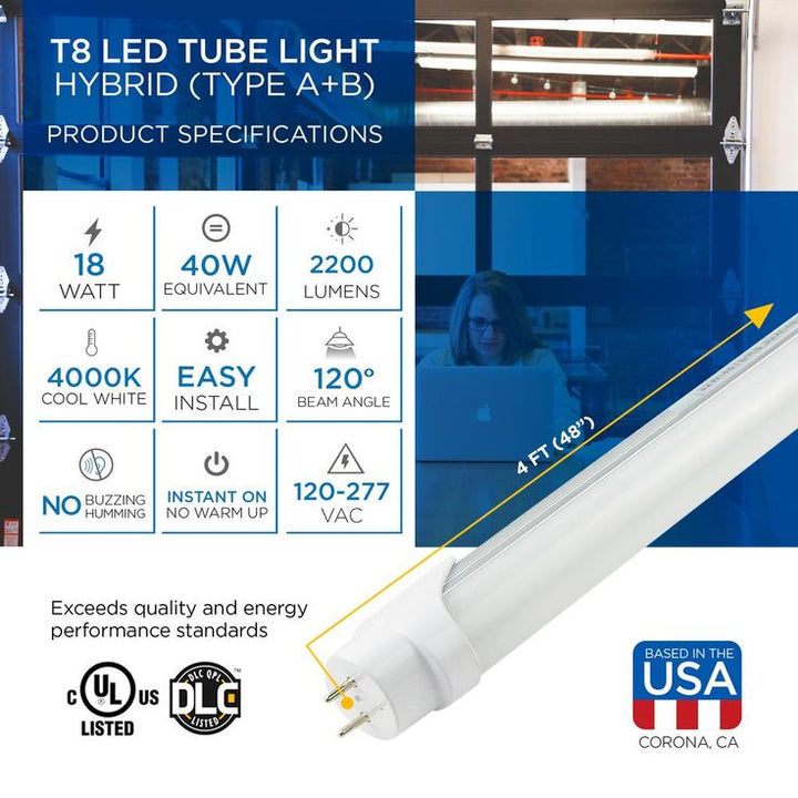 Viribright 4 ft. 40-Watt Equivalent Cool White (4000K) Type A & B Hybrid Linear T8 LED Tube Light Bulb (12-Pack)