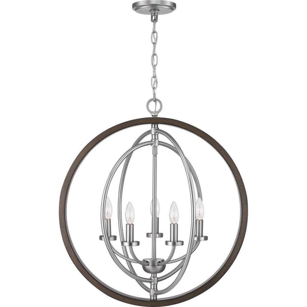 Progress Lighting Fairwood 5-Light Teak Wood and Satin Nickel Transitional Globe Medium Hanging Pendant Light