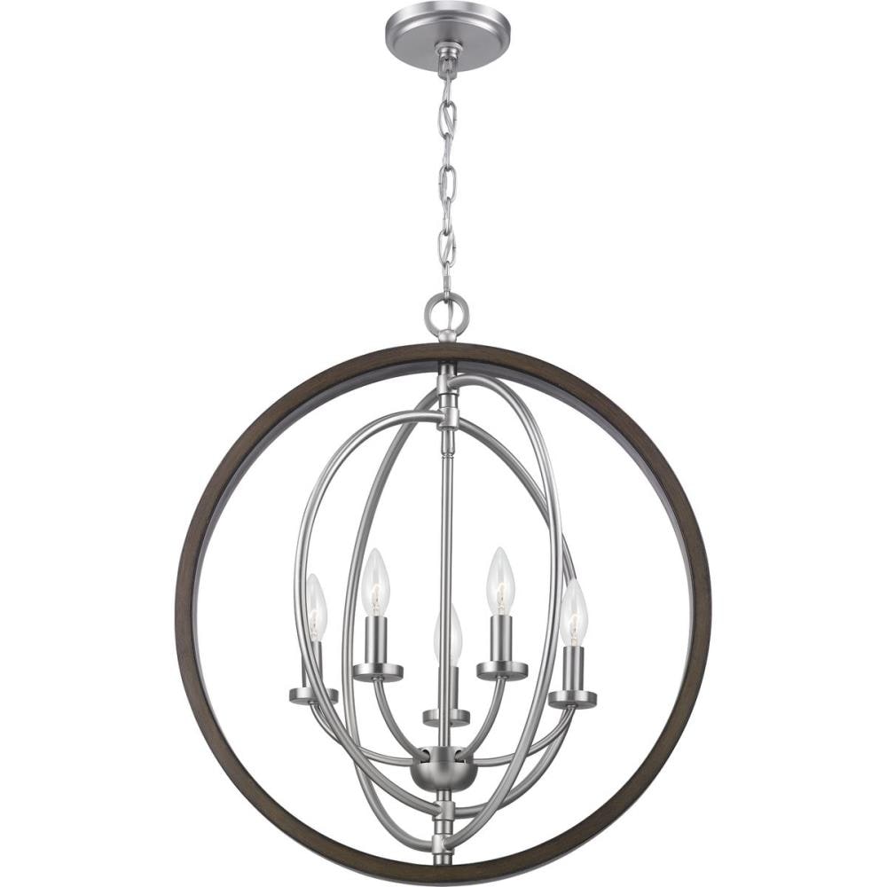 Progress Lighting Fairwood 5-Light Teak Wood and Satin Nickel Transitional Globe Medium Hanging Pendant Light