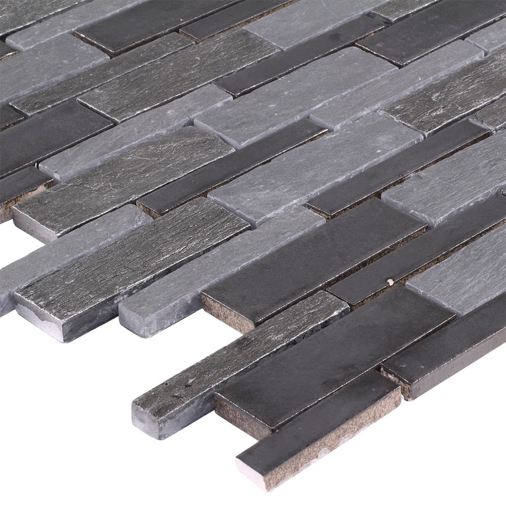 Elida Ceramica Dark Mountain 12-in x 12-in Crackled Ceramic/Stone Slate Linear Mosaic Wall Tile