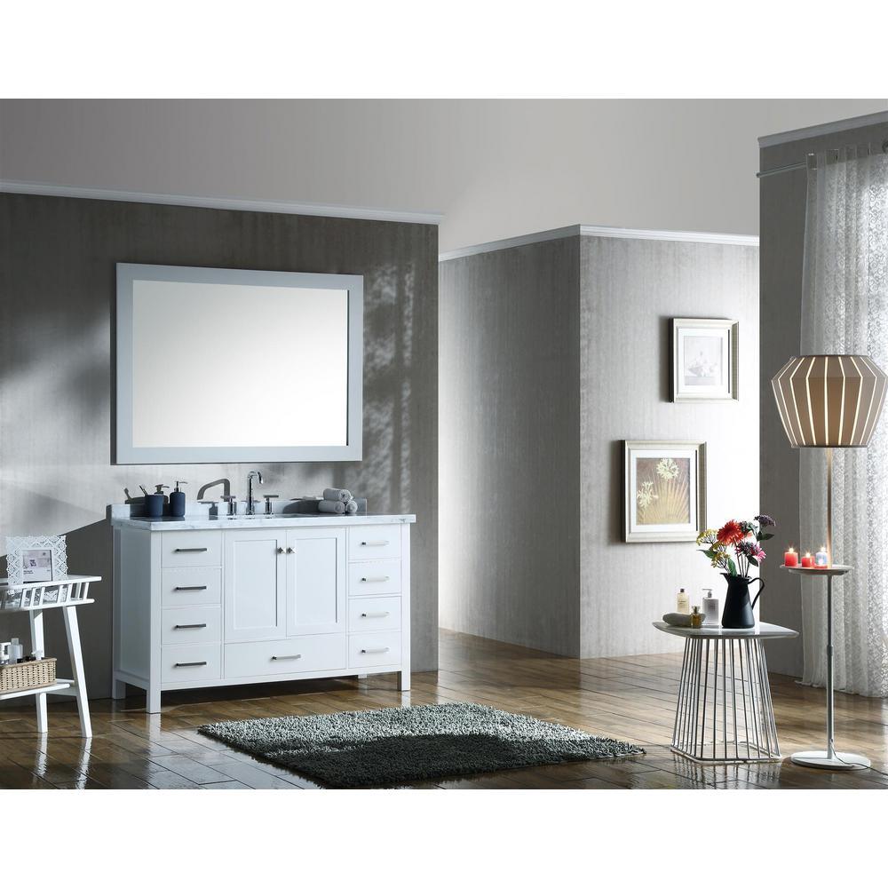 Cambridge 55 in. Bath Vanity in White with Marble Vanity Top in Carrara White with White Basin - Super Arbor