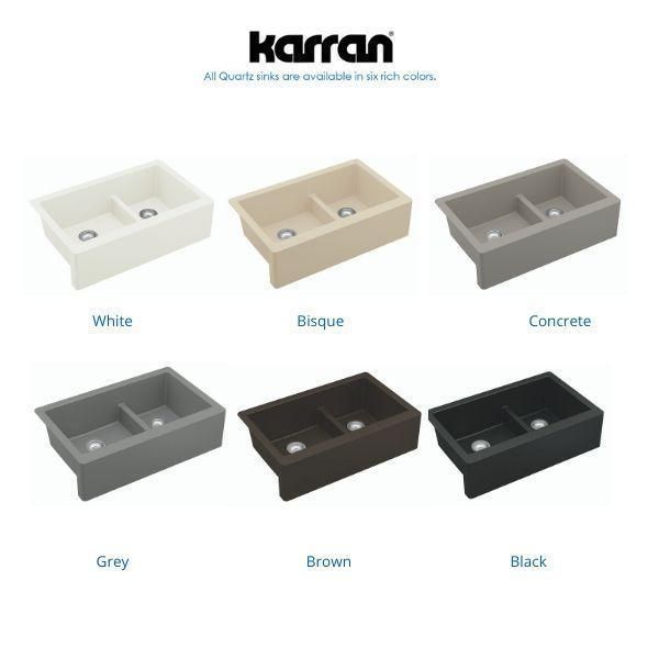 Farmhouse Concrete Apron Front Quartz Composite 34 in. Double Offset Bowl Kitchen Sink kit