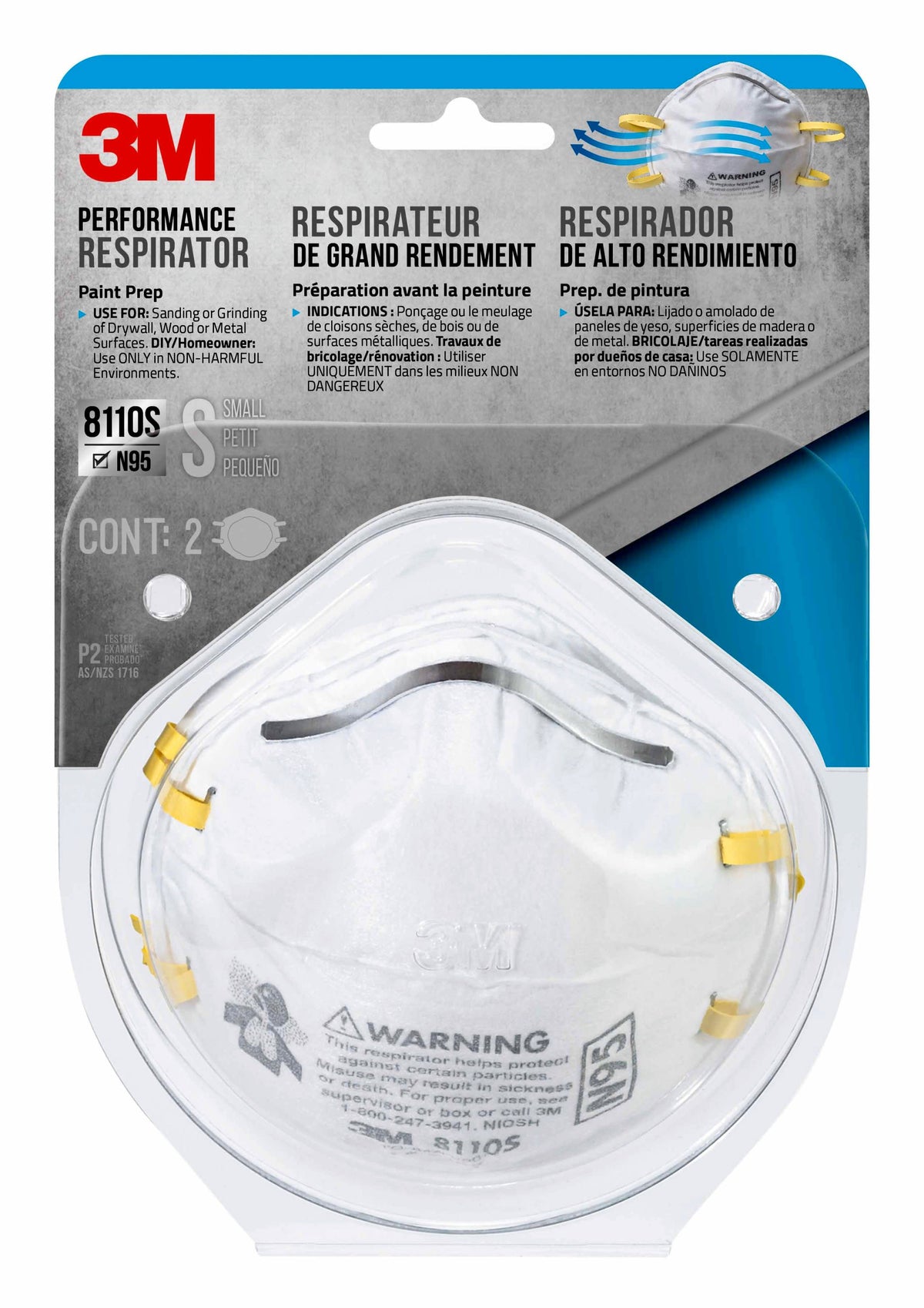 3M Performance Respirator 8110S Small N95, 2-Pack – Disposable Sanding & Fiberglass Mask