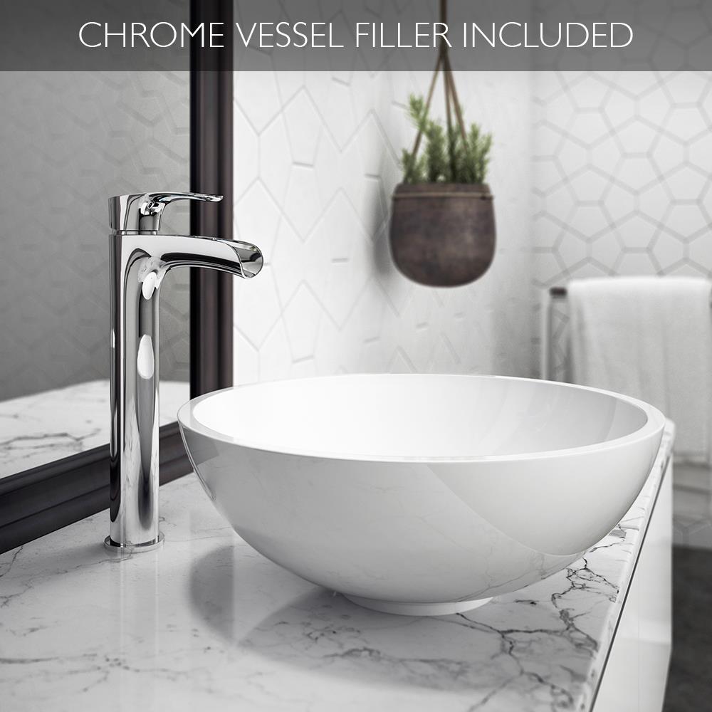 JACUZZI 16.5 in. Solid Surface Vessel Bathroom Sink Bowl in White Gloss with Vessel Filler Faucet and Pop Drain Included