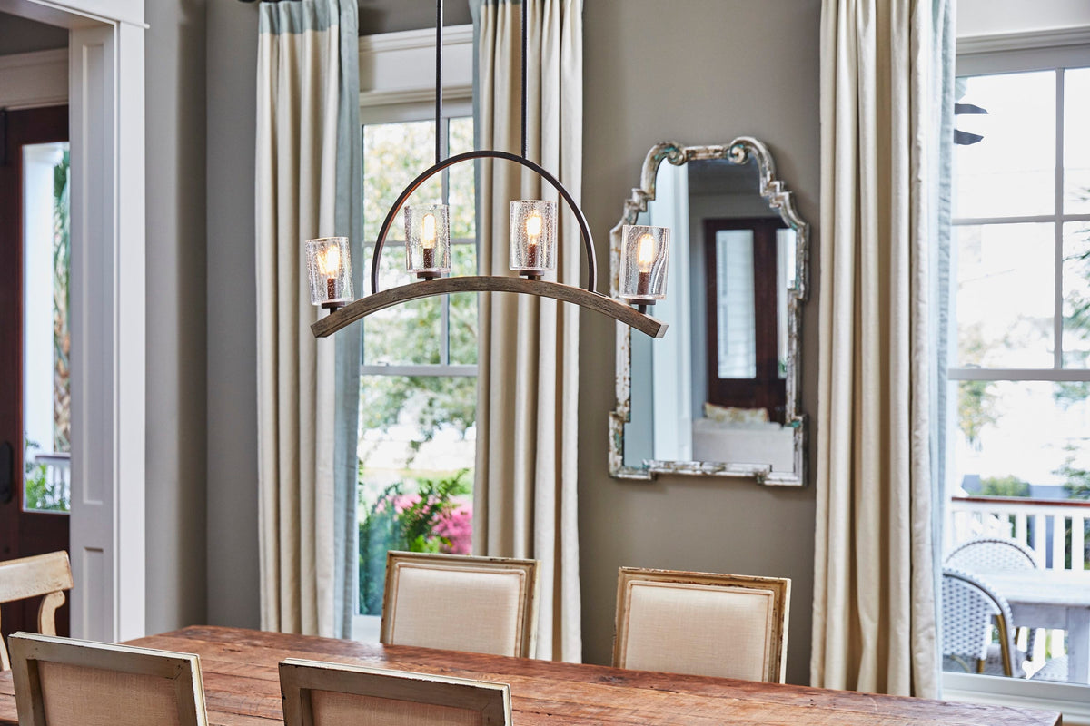 Quoizel Arley 4-Light Rustic Black and Faux Weathered Wood Farmhouse Chandelier, 32-in Linear