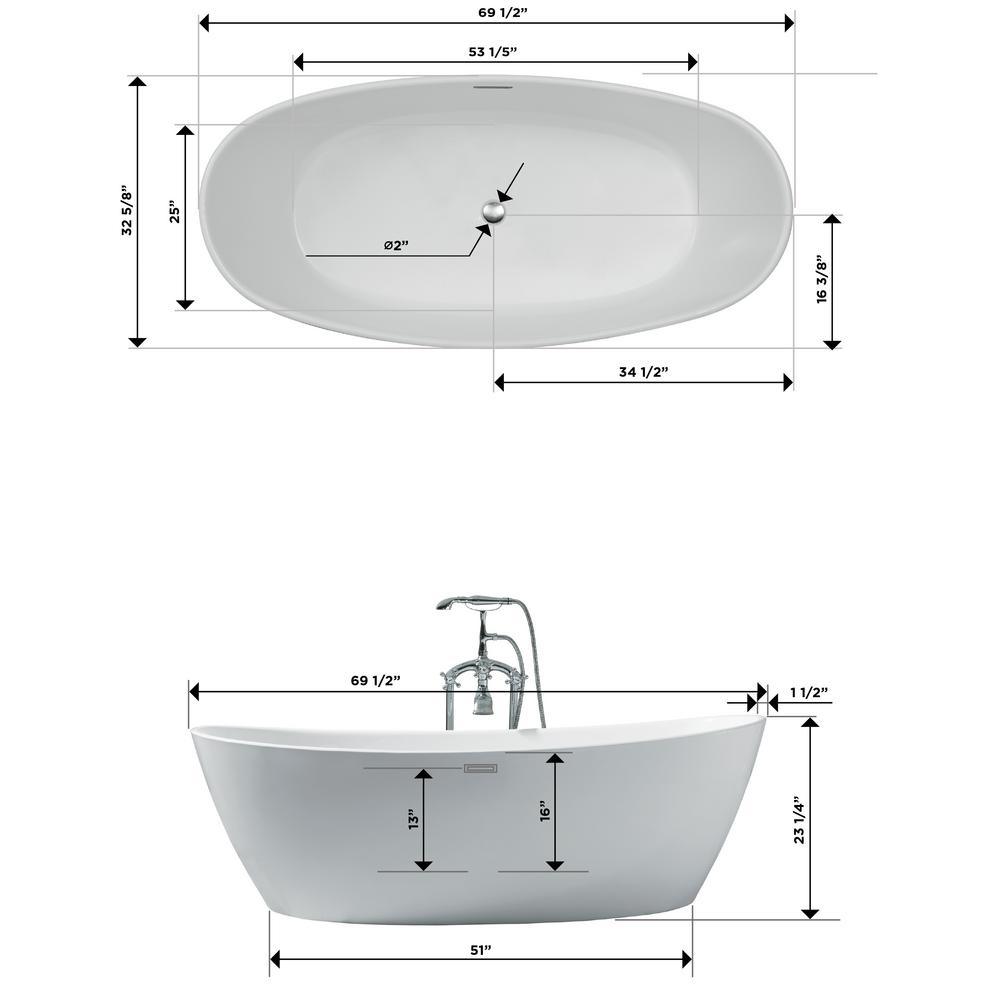 70 in. Acrylic Center Drain Oval Flat Bottom Freestanding Bathtub in White - Super Arbor