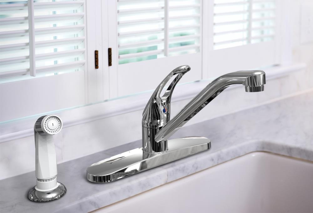 Project Source Chrome 1-Handle Deck-Mount Low-Arc Kitchen Faucet with Side Sprayer, Deck Plate Included