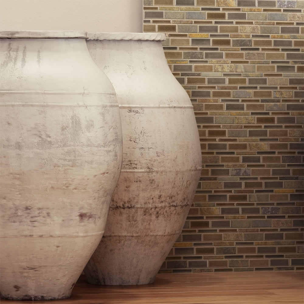 Elida Ceramica Natural Mountain 12-in x 12-in Crackled Ceramic/Stone Slate Linear Mosaic Wall Tile