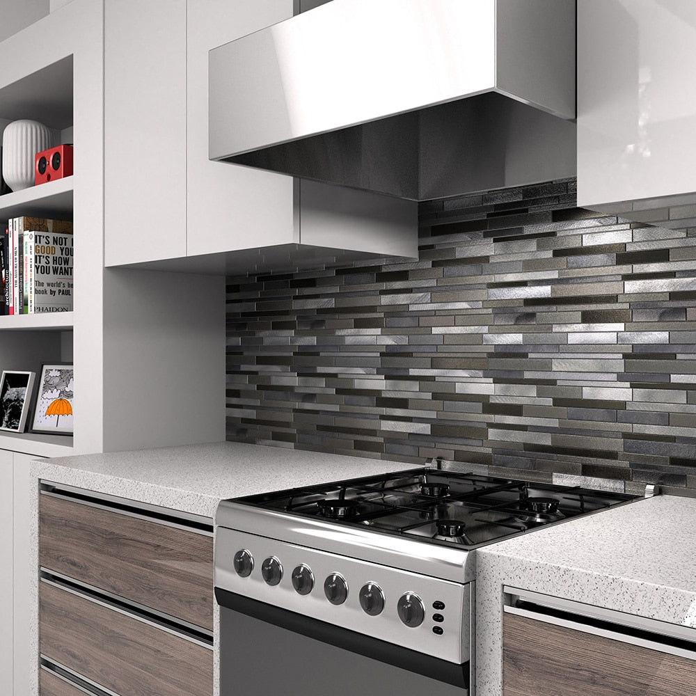 Elida Ceramica Oasis Silver Mix 12-in x 12-in Multi-Finish Glass/Metal Linear Mosaic Wall Tile