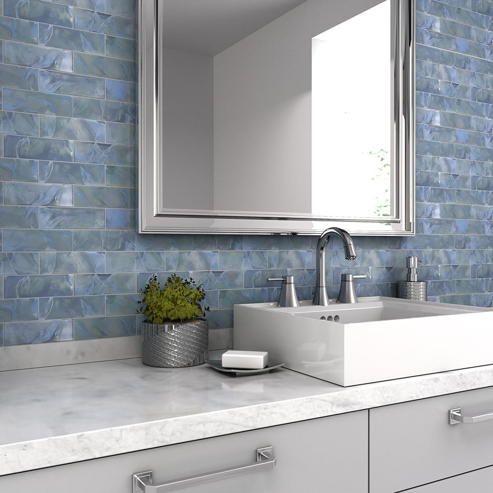 Elida Ceramica Blue 12-in x 12-in Glossy Glass Brick Mosaic Wall Tile