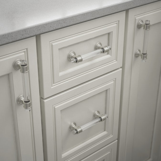 Brainerd (96mm) Center to Center Satin Nickel and Clear Cylindrical Bar Drawer Pull