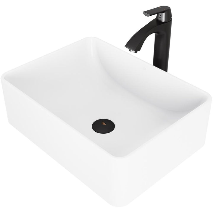 Amaryllis White Matte Stone Vessel Bathroom Sink Set with Linus Vessel Faucet in Matte Black - Super Arbor