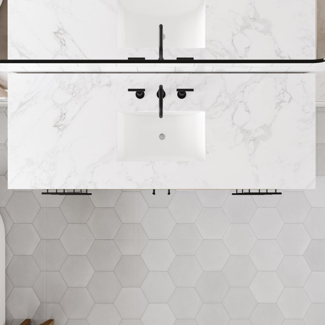 Eviva Graham 60"W x 22"D Oak Bathroom Vanity with White Arabescato Engineered Stone Countertop and Undermount Ceramic Sink