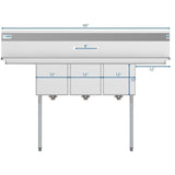 Freestanding Stainless Steel 60 in. 2-Hole Triple Bowl Commercial Kitchen Sink