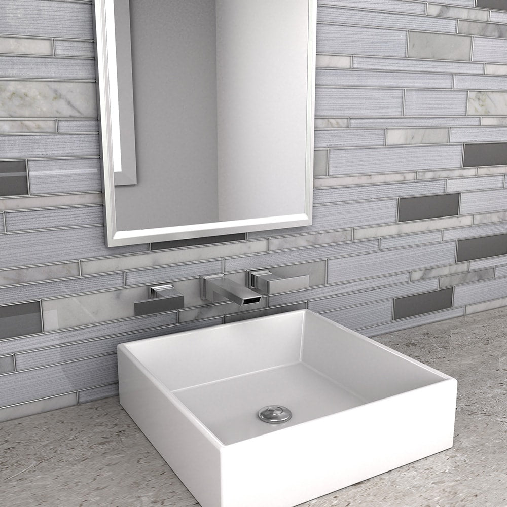 Elida Ceramica White 12-in x 12-in Mirrored Glass/Stone Linear Mosaic Wall Tile