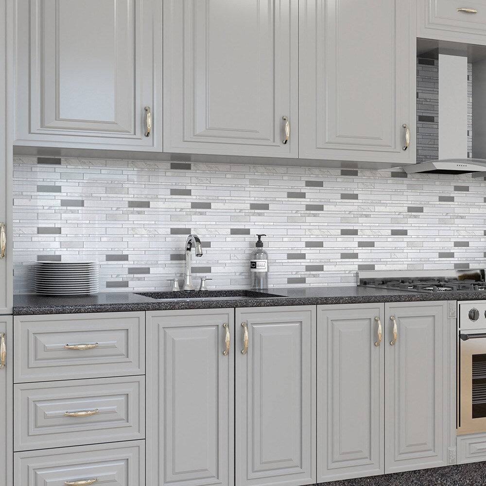 Elida Ceramica White 12-in x 12-in Mirrored Glass/Stone Linear Mosaic Wall Tile