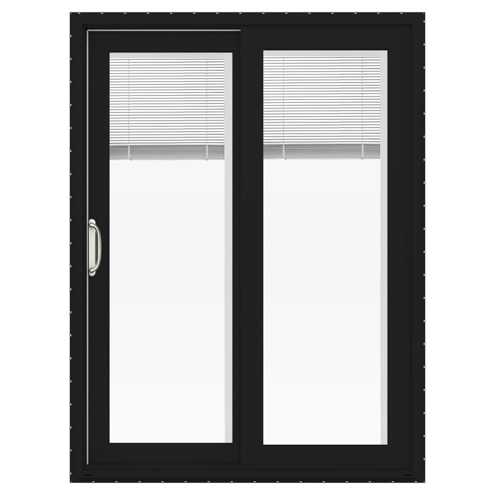 JELD-WEN FiniShield V-4500 60-in x 80-in x 4-9/16-in Low-E Blinds-Between-the-Glass Black Vinyl Left-Hand Sliding Double Patio Door with Screen