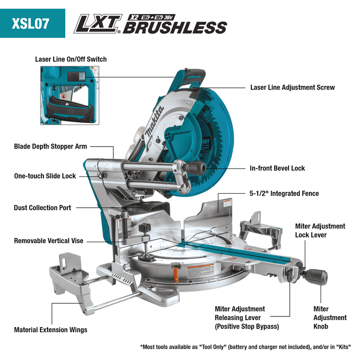 Makita 18V X2 LXT (36V) 12 in. Brushless Dual‑Bevel Sliding Compound Miter Saw Kit, 5.0Ah, with Bonus 18V LXT Jigsaw (Tool‑Only)